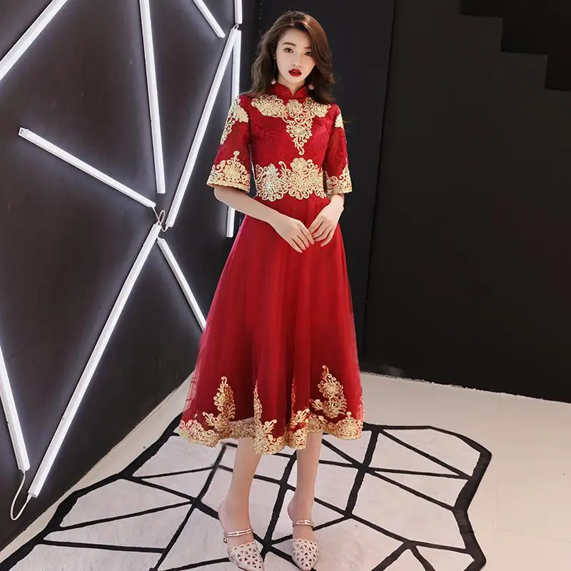 Китайский винтажный Красный в пол Cheongsam женский традиционный вышивка цветок Qipao невесты свадебное вечернее платье - Цвет: Style 3