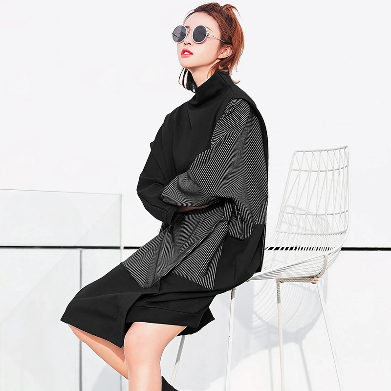 Vefadisa 2017 Autumn Winter New Stripe Patchwork Fake Two Dress Large Size Europe Turtleneck Loose Ruffles Dresses Women's Q312 | Женская