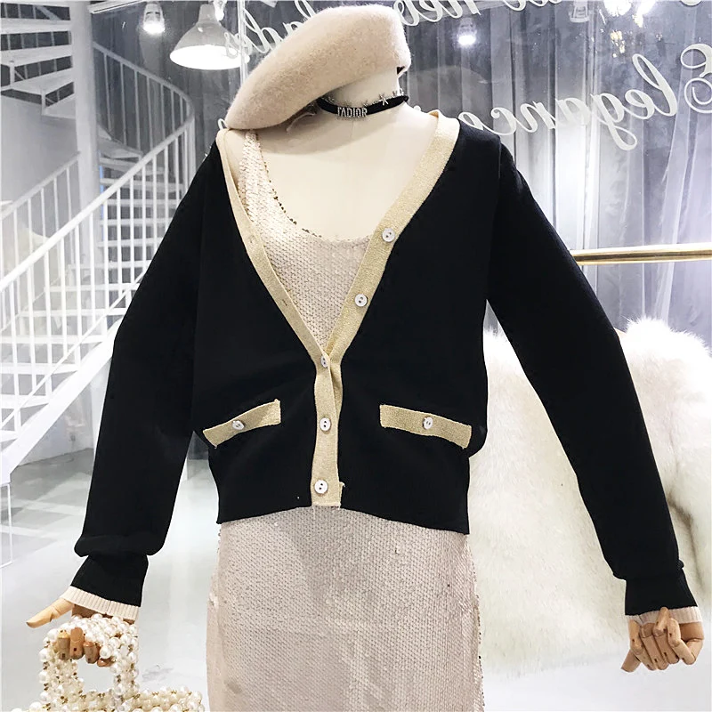 ALPHALMODA однобортный женский вязаный жакет с v-образным вырезом и длинными рукавами в золотую полоску с искусственным карманом женские изящные кардиганы