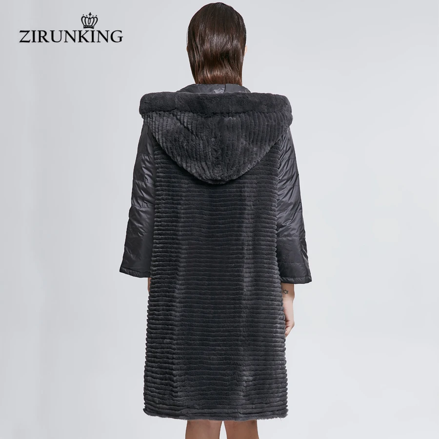 ZIRUNKING женские пуховики с натуральным мехом, женская шуба из кролика Рекс, Дамское двустороннее пуховое пальто с капюшоном, верхняя одежда ZC1807