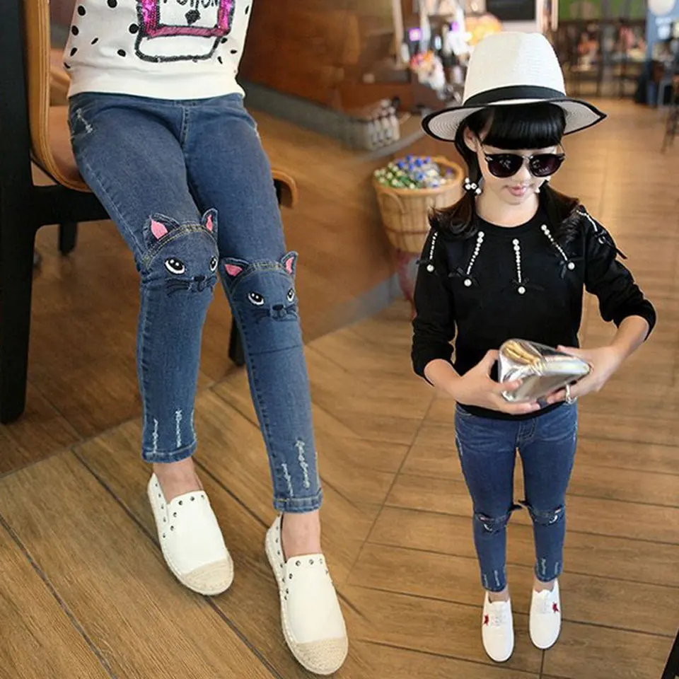 

Cute Cartoon Pattern Kids Jeans Winter Autumn Lovely Cat High Quality Children Pants Casual trouses Baby Girls Jeans