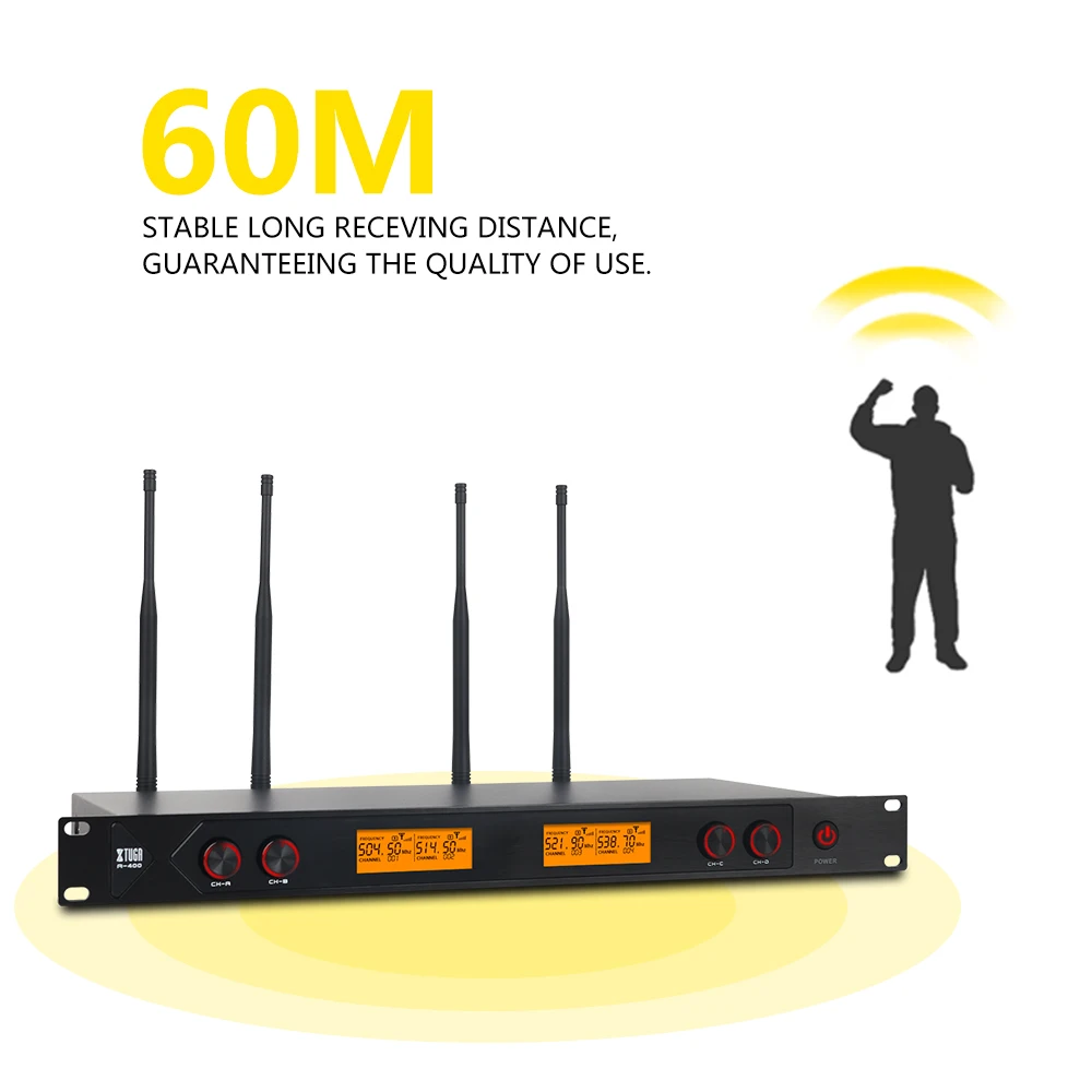XTUGA A-400 Metal Material 4-Channel UHF Wireless Microphone System with 4 Hand-held for Stage Church Family Party Small Karaoke