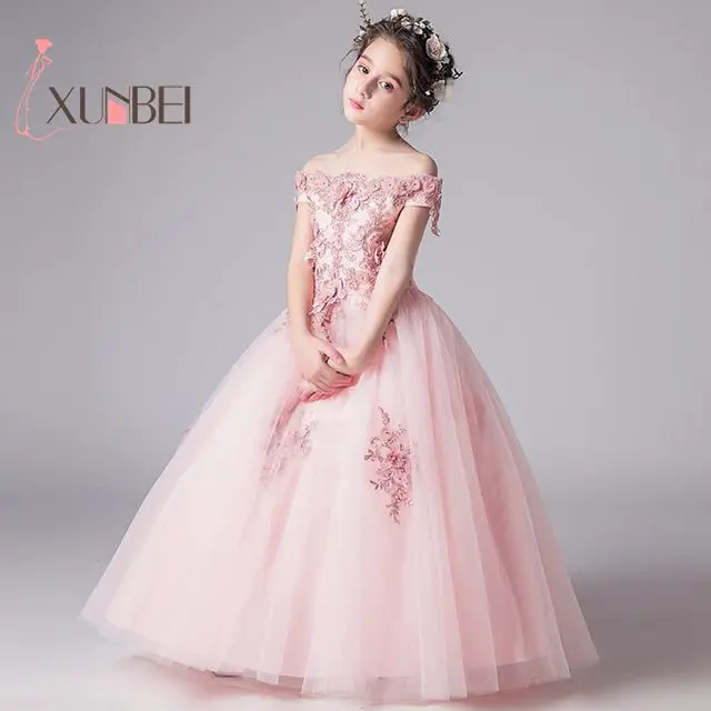 

Luxury Off The Shoulder Beaded Applique Pink Ivory Flower Girl Dresses Tulle Kids First Communion Dress Birthday Party Gown