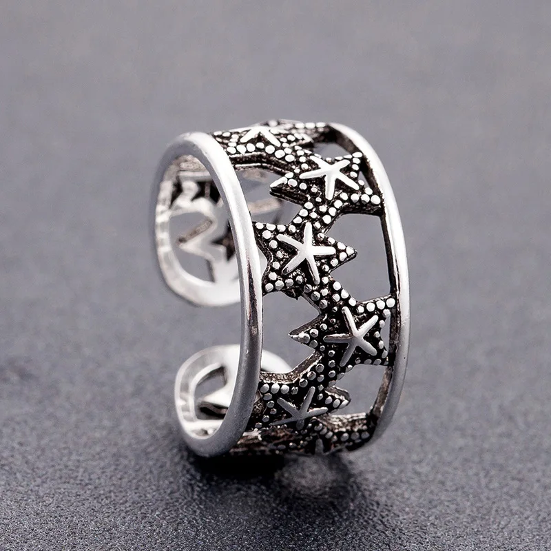 

carved pentagram hollow star vintage adjustable ring for women Tibetan sliver wide big love rings free shipping jewelry bts