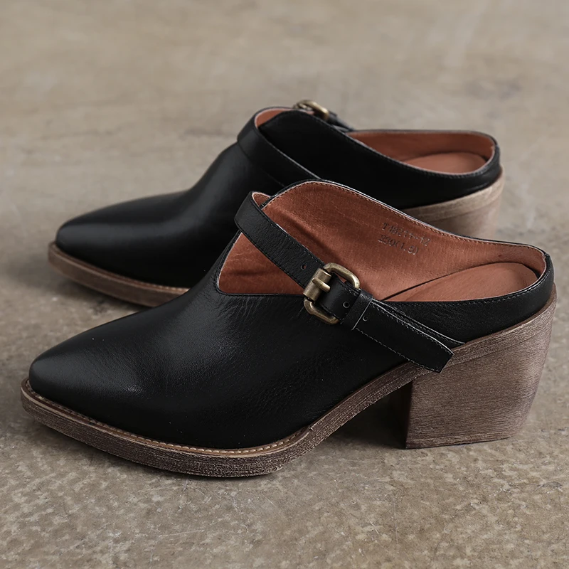 Женские кожаные туфли с острым носком на высоком каблуке тонкие Baotou пряжкой