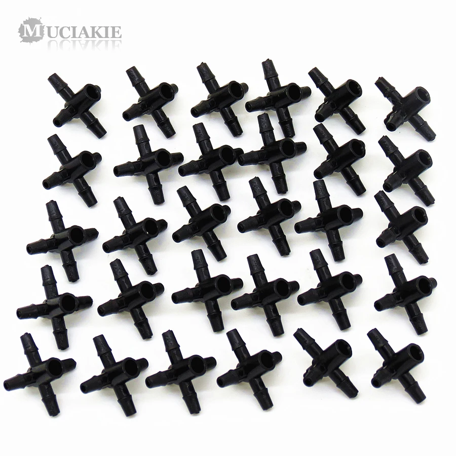 MUCIAKIE 100PCS 4-Branches Barbed Connectors for 3/5mm Hose Coulping Adaptors Flat End Inner Dia 4.1mm Irrigation Fittings | Дом и сад