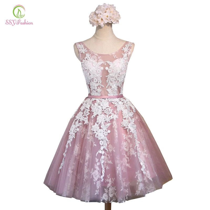 

SSYFashion Short Pink Lace Flower Banquet Short Evening Dress The Bride Slim Sexy Transparent A-line Party Gown Formal Dresses