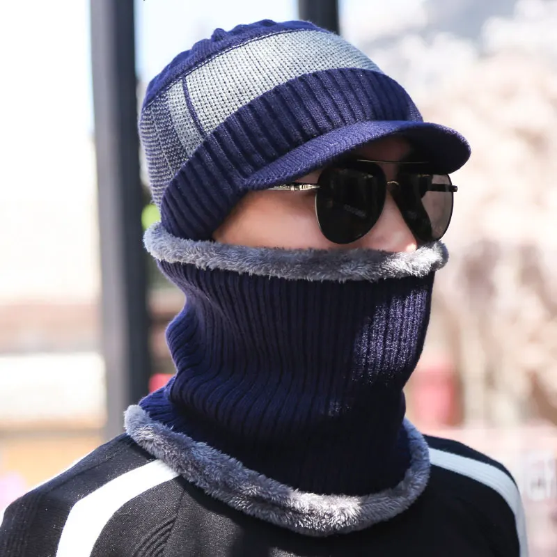 Зимние Шапки для Для мужчин Skullies шапочки женский Gorras плюс бархат Для женщин шарф Кепки комплект Балаклава маска Gorras капот мужской вязаный шляпа