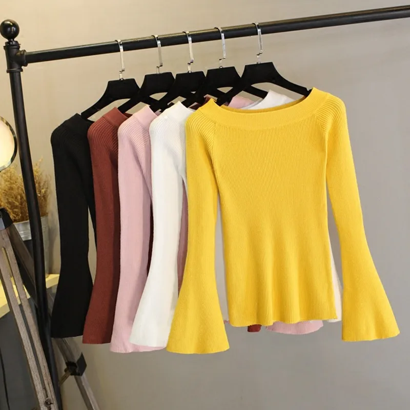Autumn Basic Sweater Women Slash Neck Jersey Mujer Solid Knitted Slim Fashion Pullover Long Sleeve Off Shoulder | Женская одежда