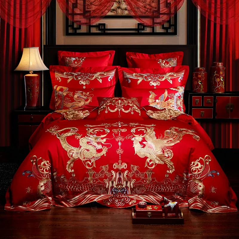 Роскошный Золотой Лоонг Феникс Вышивка Египетский хлопок красный свадебный