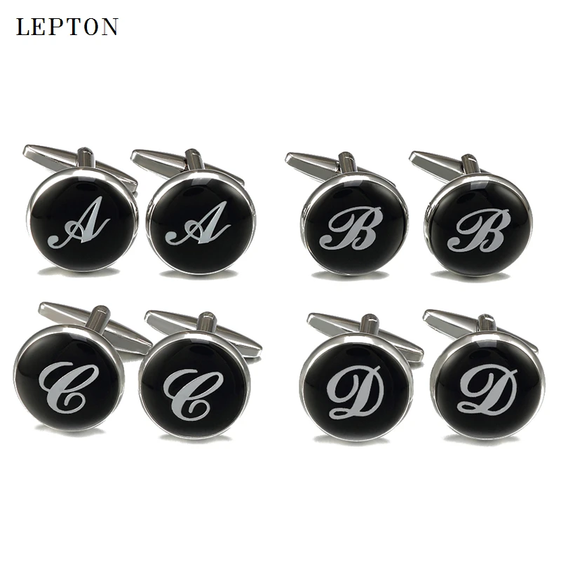 

Lepton Black Letter A to Z Cufflinks For Mens Round Silver Color Letters cuff links Men shirt cuffs Cufflink Relojes gemelos