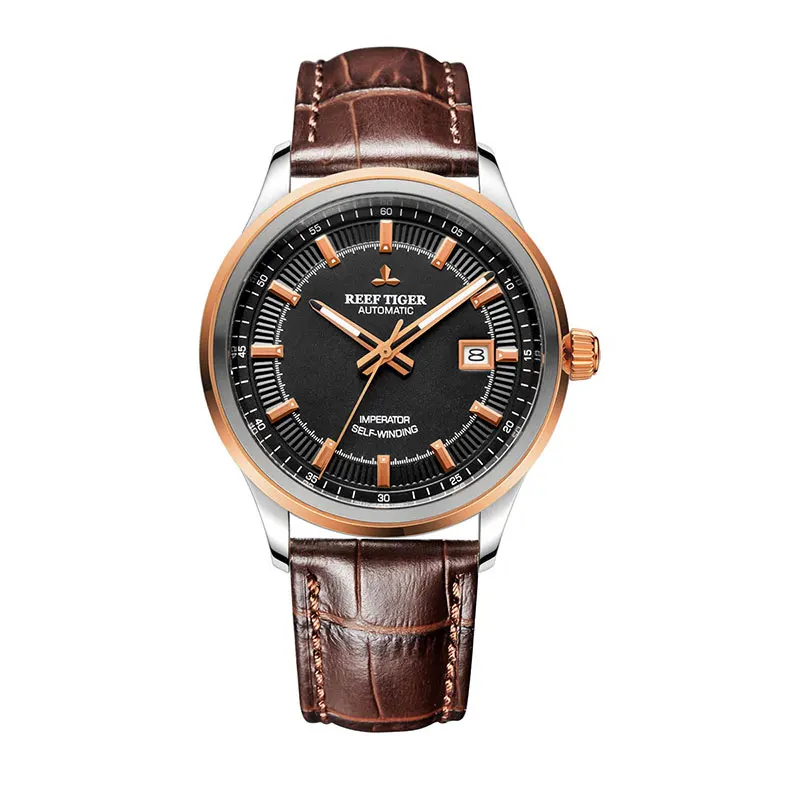 Reef Tiger/RT часы в деловом стиле для мужчин стальные желтые золотые часы Miyota 9015 супер светящиеся часы с датой RGA8015 - Цвет: RGA8015-PBS