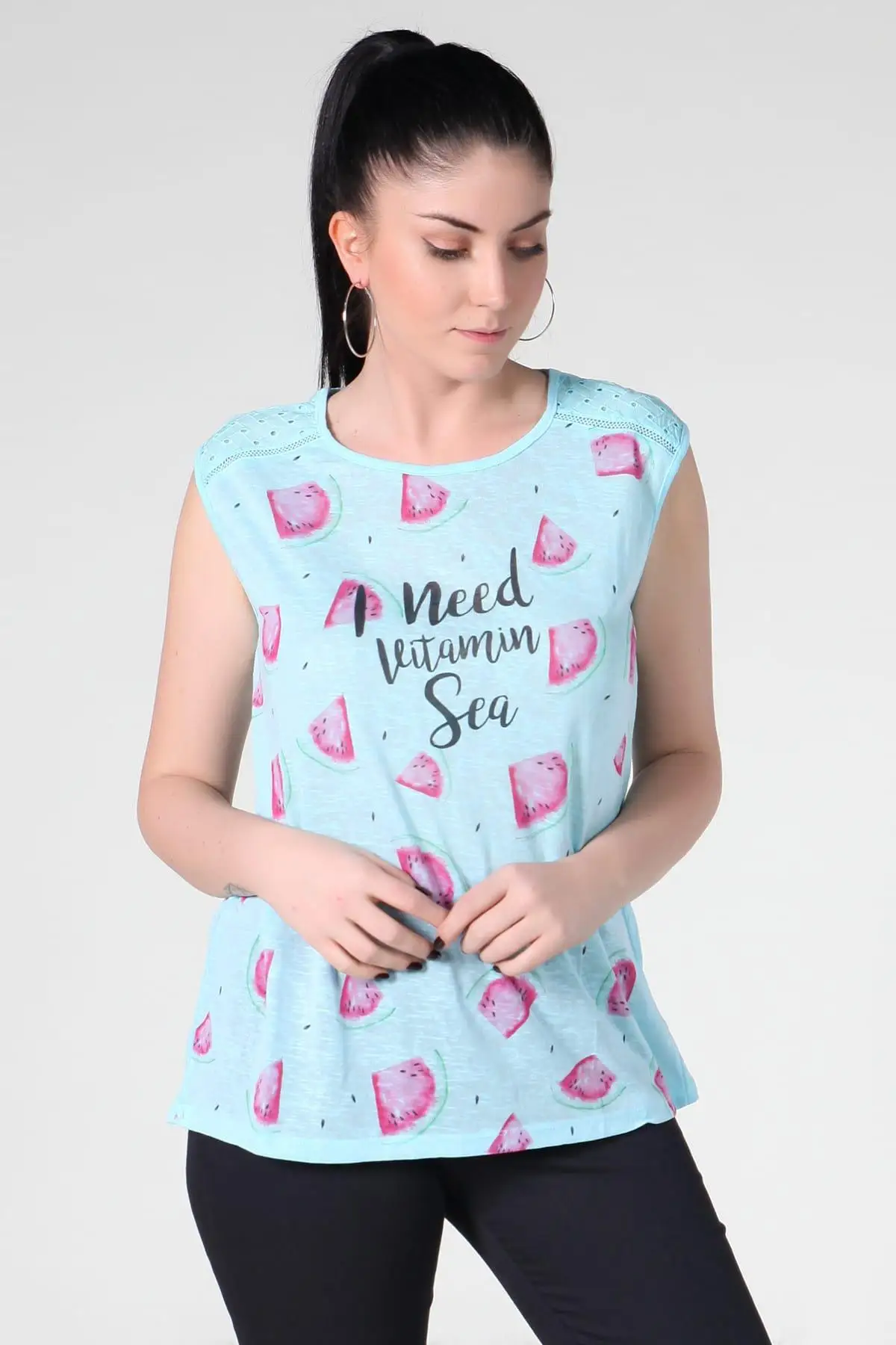 Sans Textile Женская Бирюзовая Кружевная футболка без рукавов 65N10751 | одежда