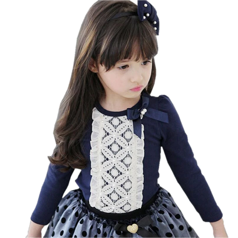 design 2 navy blue Рубашки принцессы с длинными рукавами и кружевным бантом для девочек хлопковый джемпер детская блузка топы для маленьких девочек, футболки детская одежда JW3674 - Цвет: design 2 navy blue