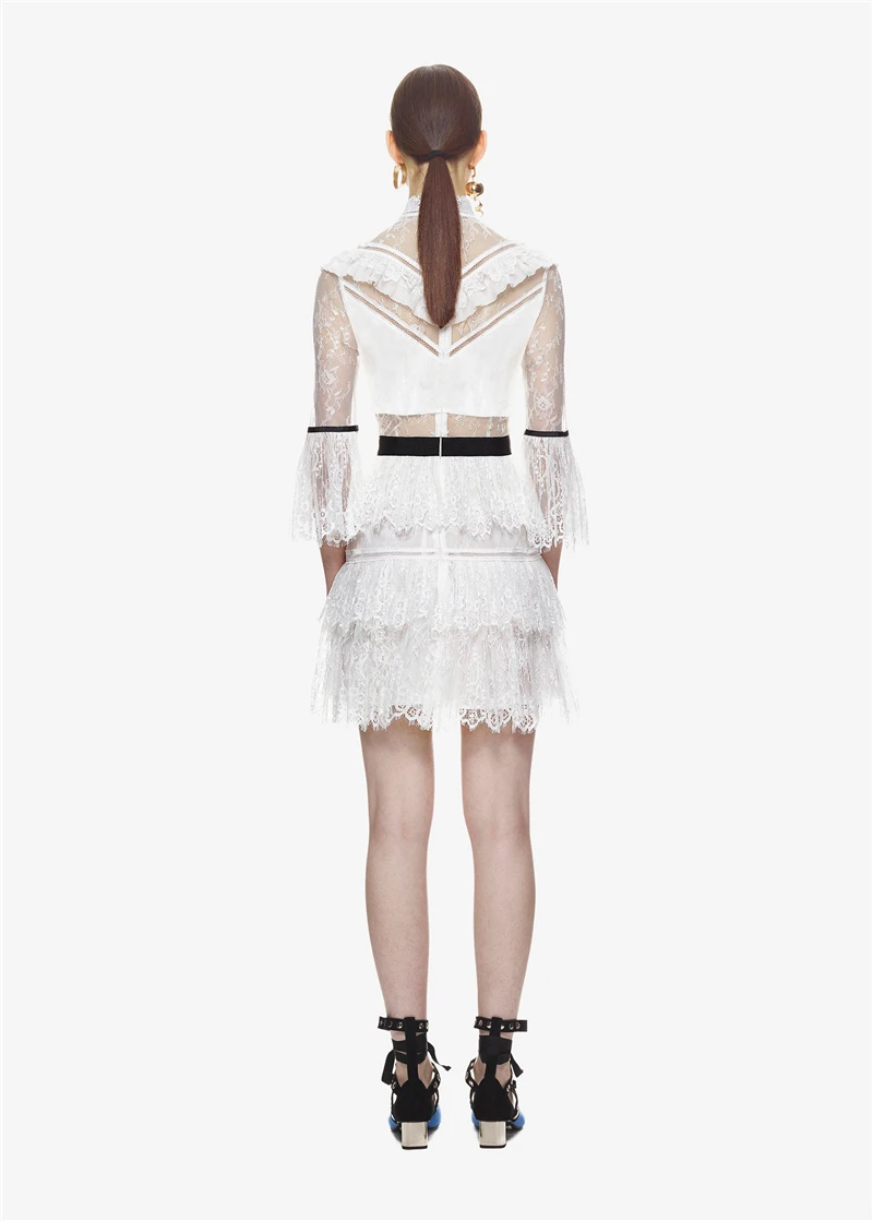 Runway Self Portrait White Lace Women Party Dress 2018 Autumn Patchwork Hollow Out Flare Sleeve Ruffles Slim Holiday | Женская одежда