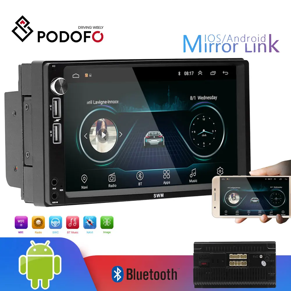 Podofo Android 2Din Автомагнитола 7 &quotGPS Wifi мультимедийный плеер MP5 Bluetooth Зеркало Ссылка 2