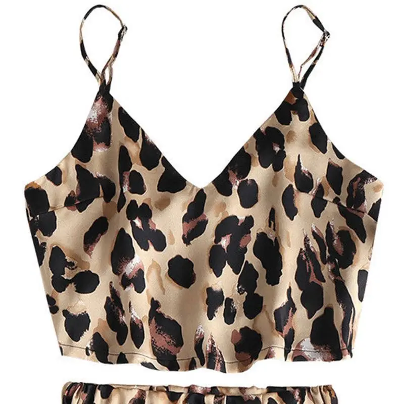 Womens Summer Two Piece Pajamas Set Sexy V-Neck Crop Top Drawstring Wide Leg Shorts Vintage Leopard Printed Sleepwear Loungewear