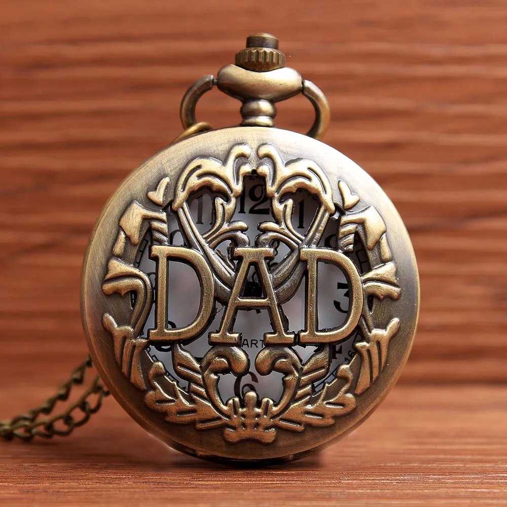 

Bronze Pocket Watches Hollow DAD Letters Quartz Steampunk Watch Pendant Necklace Chain Father Day Christmas Day Mens Best Gifts
