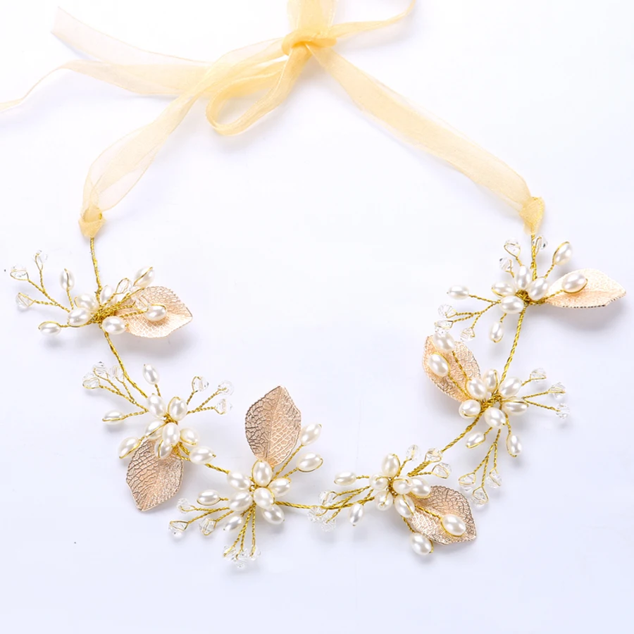 Мода золото Цвет листьев невеста свадебные головные уборы Жемчужный Цветок