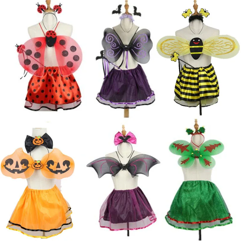Kids Girls Bee Ladybug Butterfly Wing Headband Wand Skirt Girl Fairy Cosplay Performance Prop Party Halloween Costume|Костюмы для