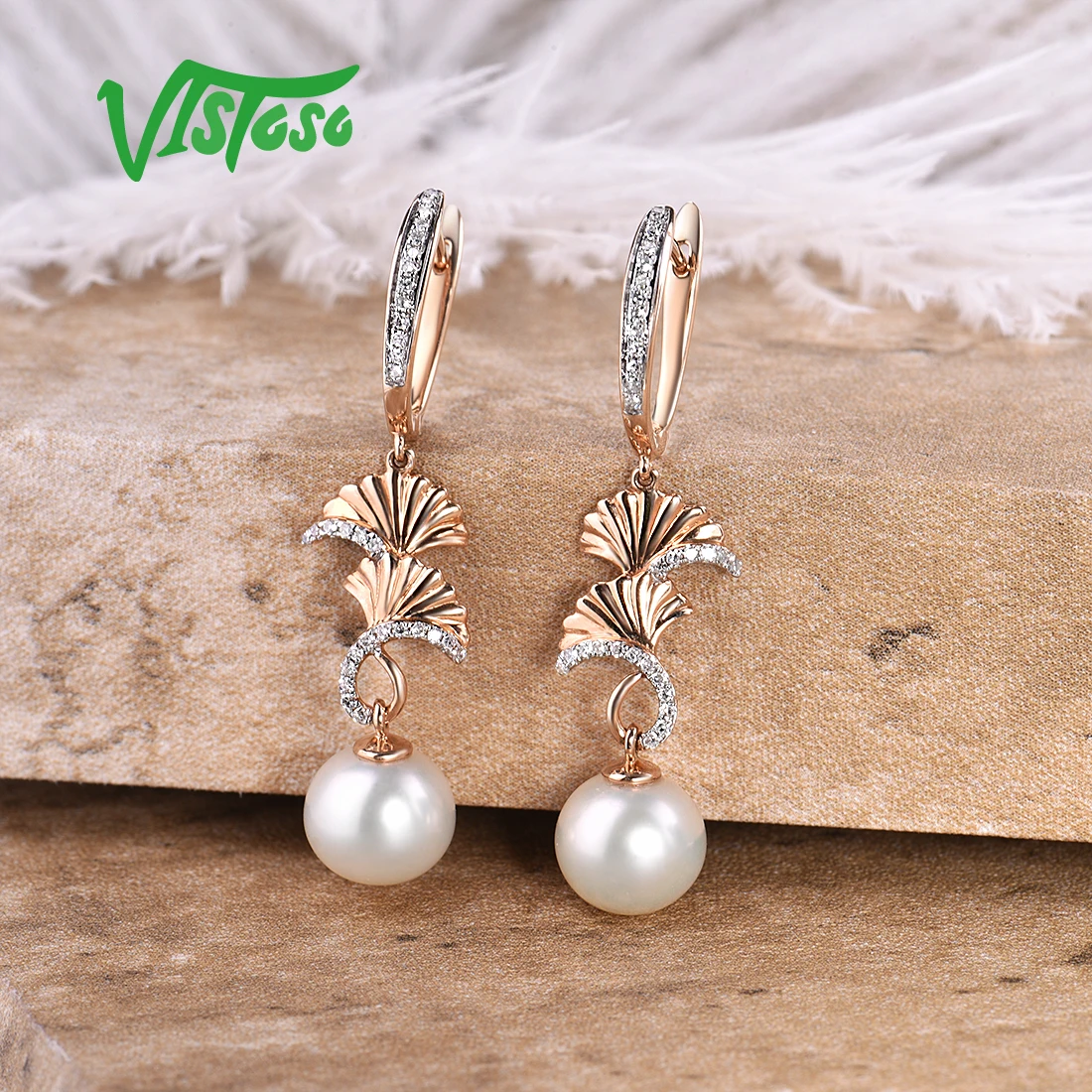 VISTOSO Pure 14 K 585 розовое золото сверкающие бриллианты элегантные пресноводные жемчужные серьги для женщин уникальные модные свадебные ювелирные изделия