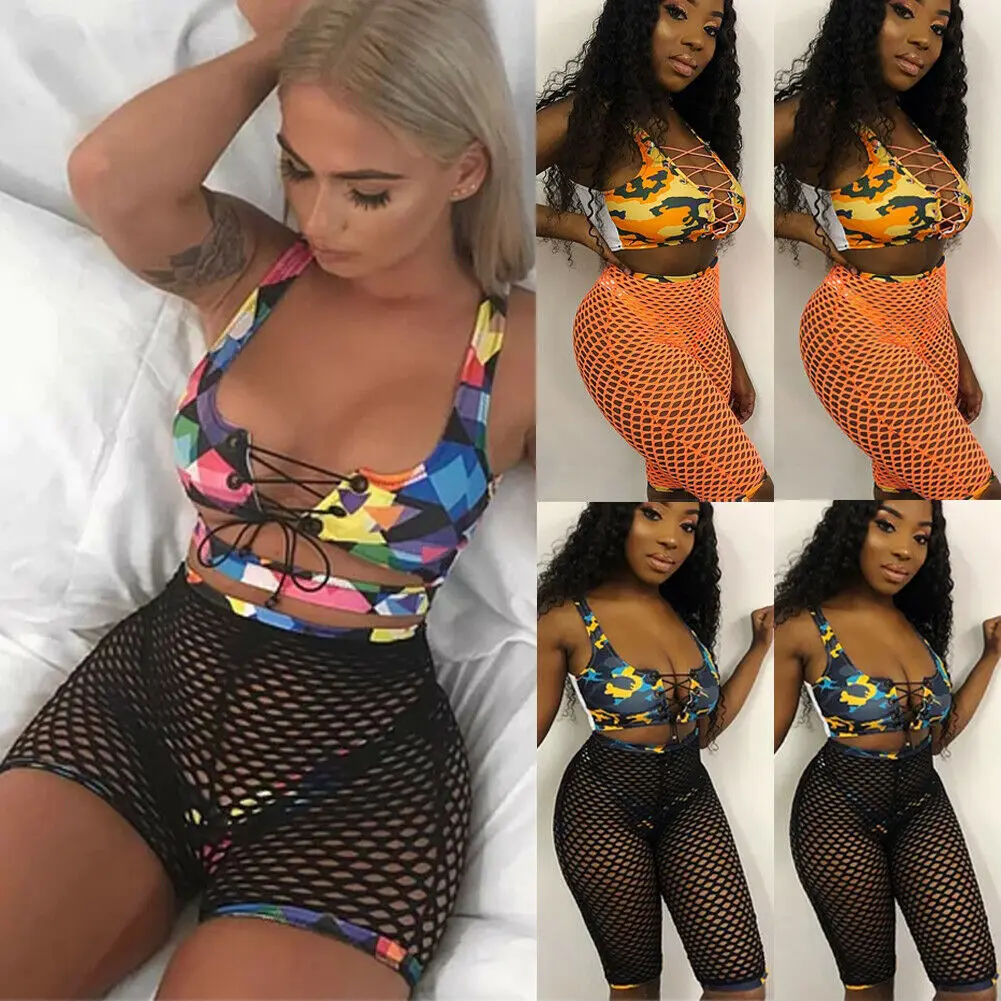 3PCS Women Sexy Fashion 2019 New Style Lace-up Bikini Set Swimwear Push Up Bra +Fishnet Shorts+ Bottoms Swimsuit Sets | Женская одежда