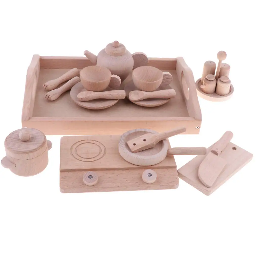 

21pcs Wooden Simulation Tea Set Cookware Kitchen Pretend Play Role Playing Game Educational Toys Birthday Gift for Children Kids