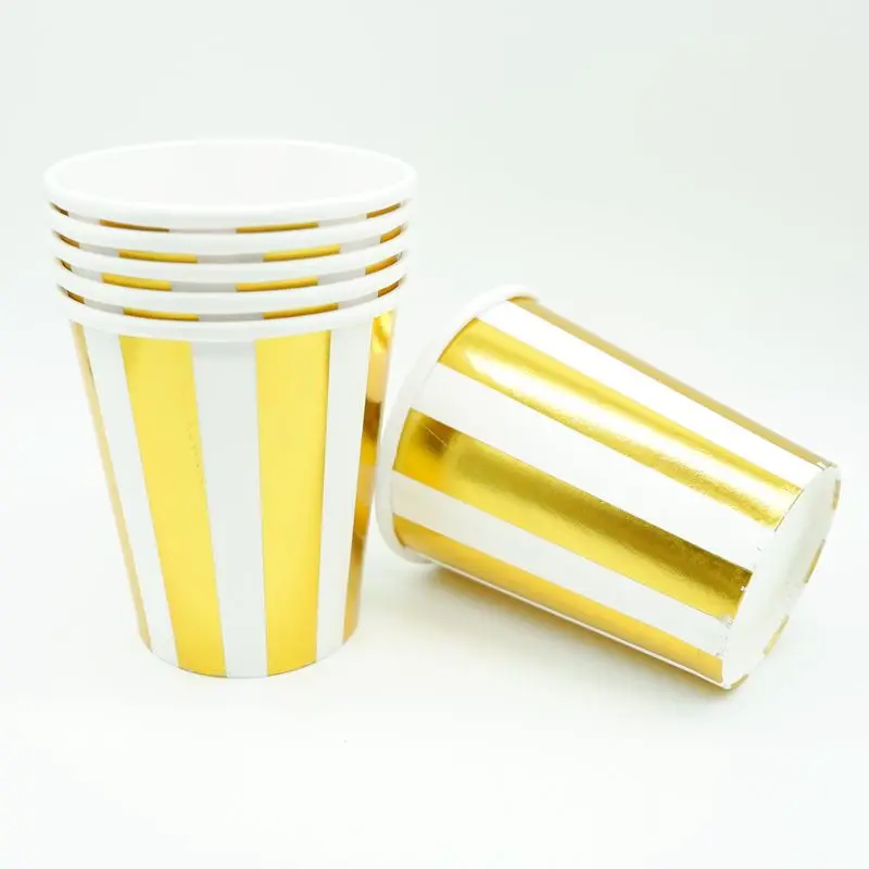 Gold Striped 10 шт./лот Фольга Золотой Единорог бумажные стаканчики одноразовая посуда украшения для свадьбы дня рождения детский душ для детей девочек мальчиков - Цвет: Gold Striped