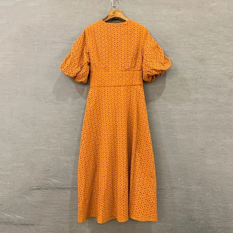 CHICEVER Summer Vintage A Line Dress Female Puff Sleeve V Neck High Waist Button Hollow Out Dresses For Women Fashion New