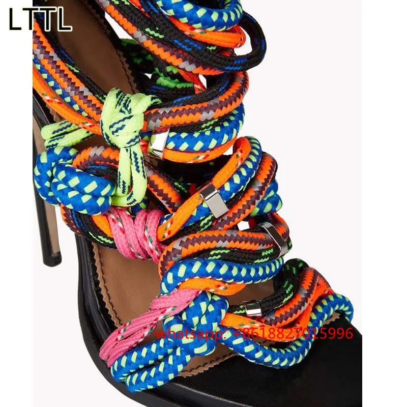 Lttl 2017 дизайн красочные шнурки полые гладиатор сандалии открытым носком туфли на