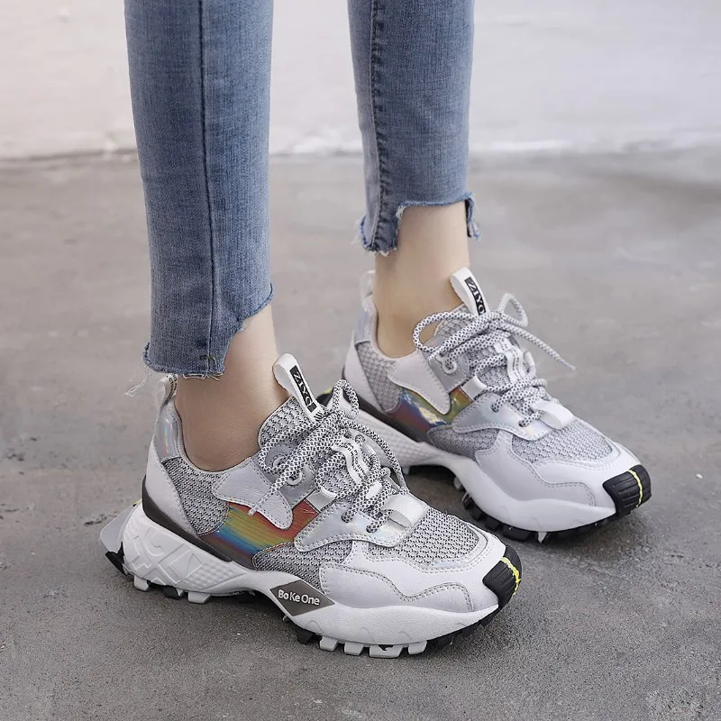 Светоотражающая обувь Женские кроссовки на толстой подошве Брендовая платформе