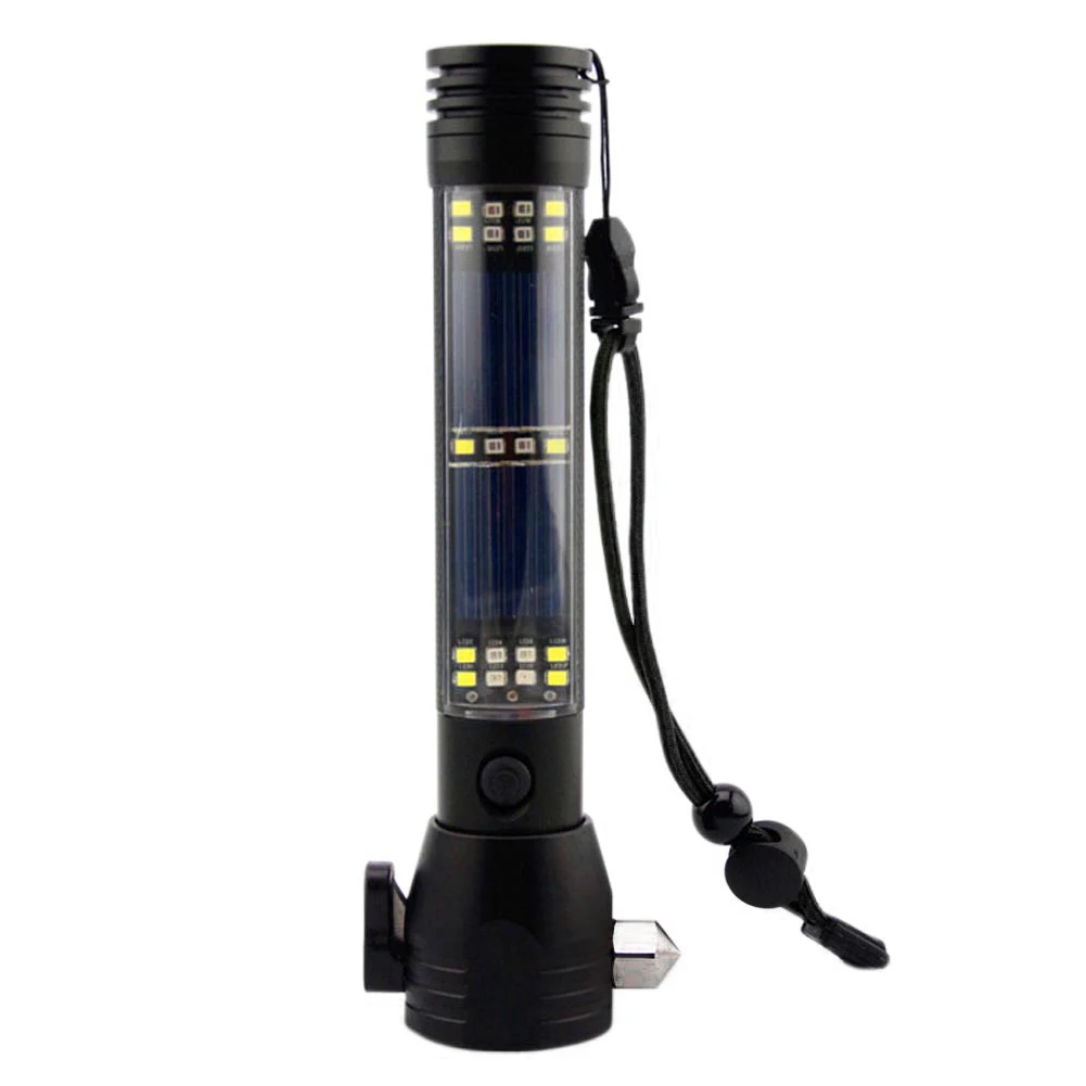 

7-Mode 10in1 Multifunction Rechargeable Solar Power LED Flashlight Emergency Torch Window Breaker Seat Belt Cutter Compass