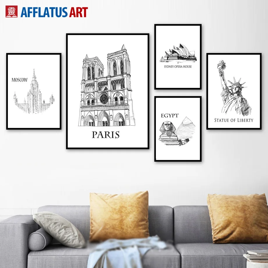 

Black White Moscow Paris Line Drawing Nordic Posters And Prints Wall Art Canvas Painting Wall Pictures For Living Room Decor