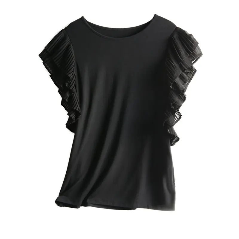 Женская плиссированная Блузка с оборками черная офисная блузка в Корейском