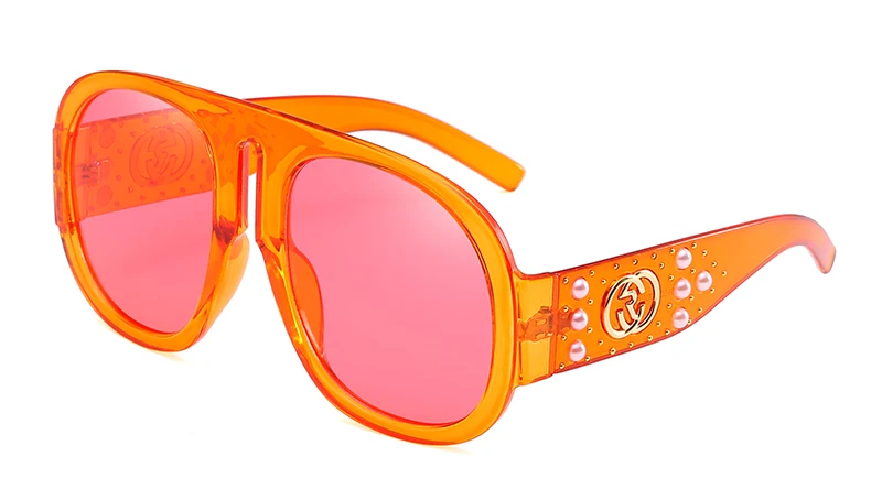 Orange w pink LEIDISEN, большая оправа, жемчужные заклепки, солнцезащитные очки для женщин, фирменный дизайн, Винтажные Солнцезащитные очки, модные женские очки, высокое качество, UV400 - Цвет линз: Orange w pink