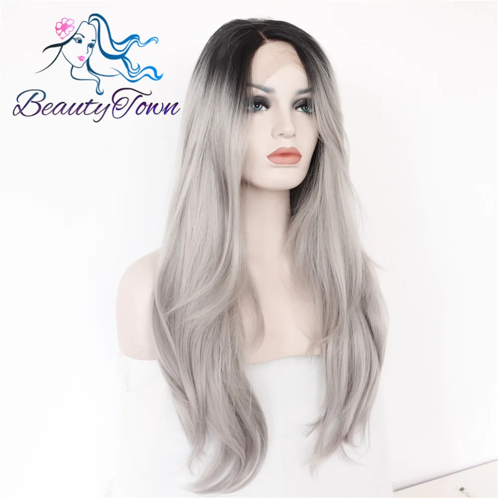 BeautyTown, черный, Омбре, серый, ручная работа, жаропрочные, высокая температура, волосы Perruque, вечерние, синтетические, на кружеве, парик для женщин, подарок