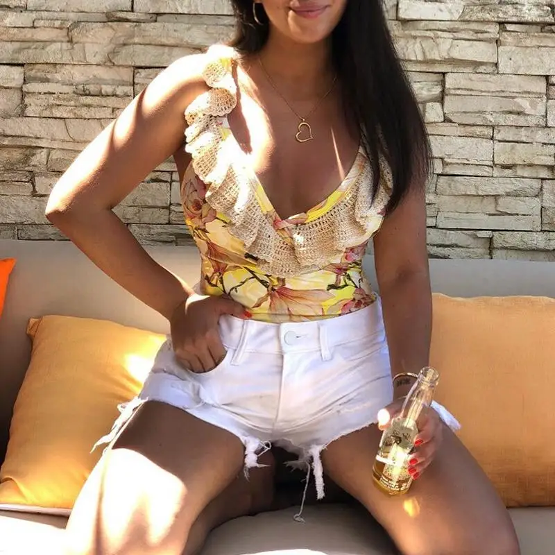 Bikinx, летняя пляжная одежда, купальник с глубоким вырезом для женщин,, плюс размер, купальники для женщин, цельные костюмы с оборками, цветочный принт, бикини, XL, Новинка