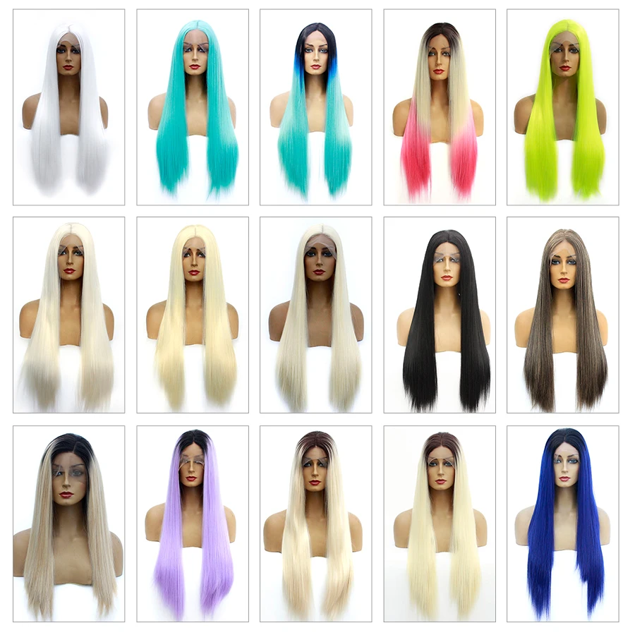 Длинный прямой кружевной передний парик 24 дюйма Синтетический темно корень для