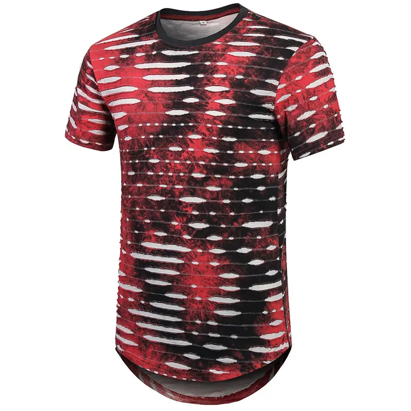 SHOKOTANO для мужчин s хип хоп Tie Dye футболка рваные в полоску хипстер кривой Подол короткий рукав Футболка - Цвет: Красный