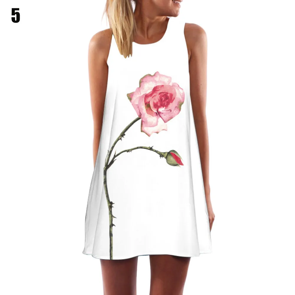 Женское платье без рукавов круглый воротник принт модное летнее пляжное для