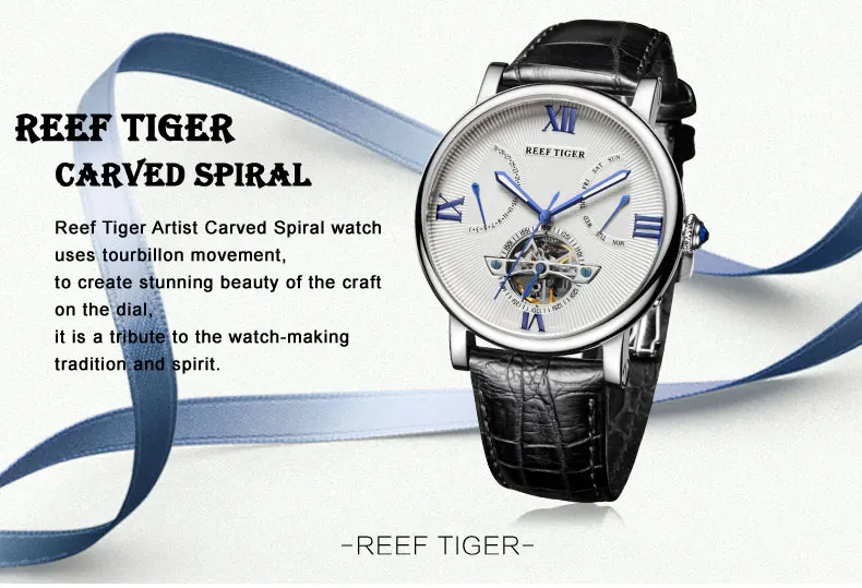 Reef Tiger/RT Tourbillon Мужские часы с датой день сталь дизайнер повседневные автоматические часы Аллигатор ремешок RGA191