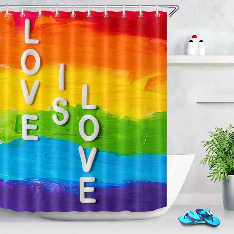 

New Rainbow Gay Pride Flag Shower Curtain with Hooks LGBT Flag Love is Love Valentines Day Bathroom Curtain Set Home Decor Gift