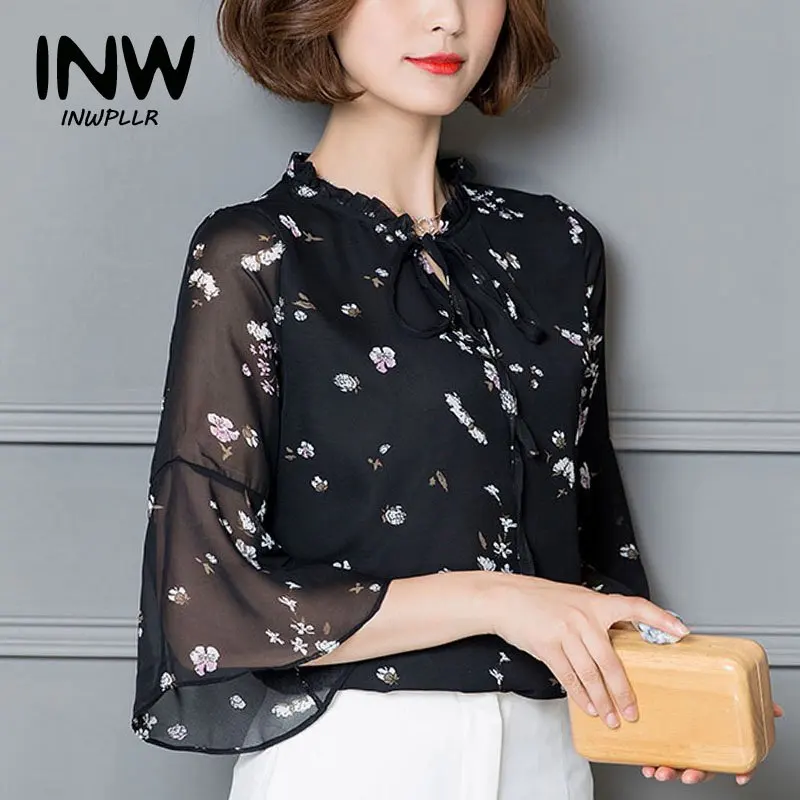 Женская шифоновая блузка с расклешенным рукавом цветочным принтом | одежда