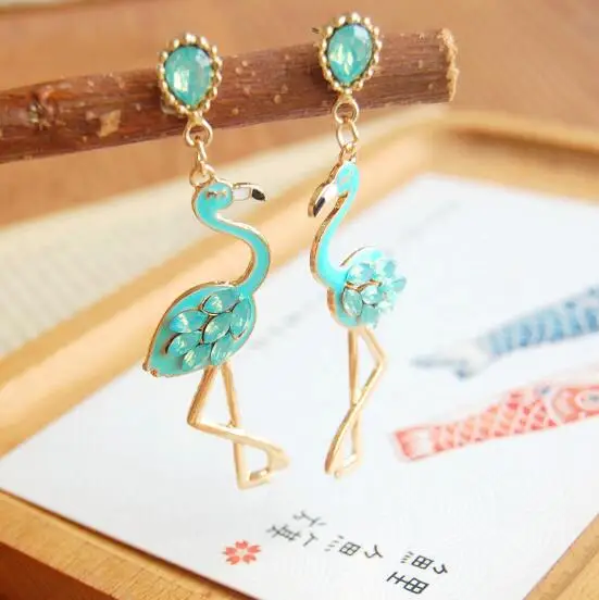 Enamel Oil Flamingo Dangle Earrings for Women Fashion Lady Jewelry Cute Animal Crystal 4 Colors Christmas Gift | Украшения и