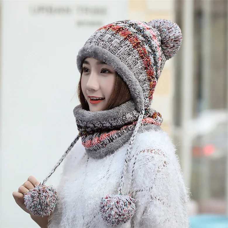 set gray Теплая вязаная шапка для женщин, толстые теплые шапочки, шапки Skullies, Женский вязаный берет, шапка бини, зимняя бархатная вязаная велосипедная шапка, нагрудник - Цвет: set gray