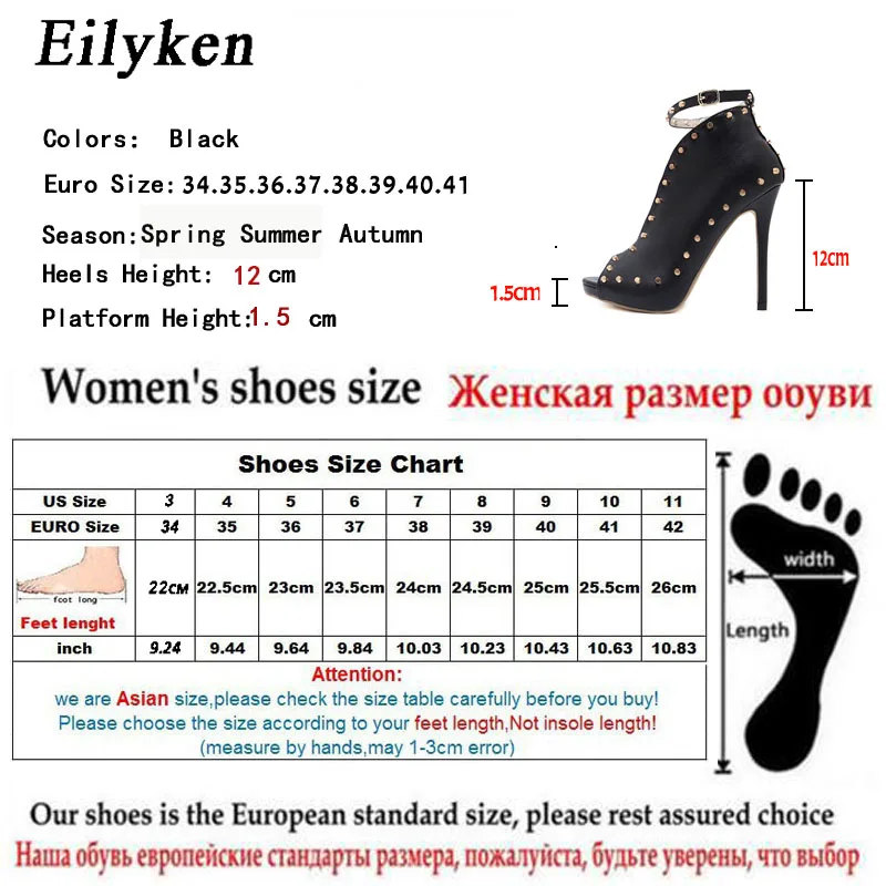 Eilyken/Новая женская обувь; коллекция года; женские ботинки с открытым носком на высоком каблуке; женские ботинки с ремешком на щиколотке, заклепками и пряжкой; черные сандалии