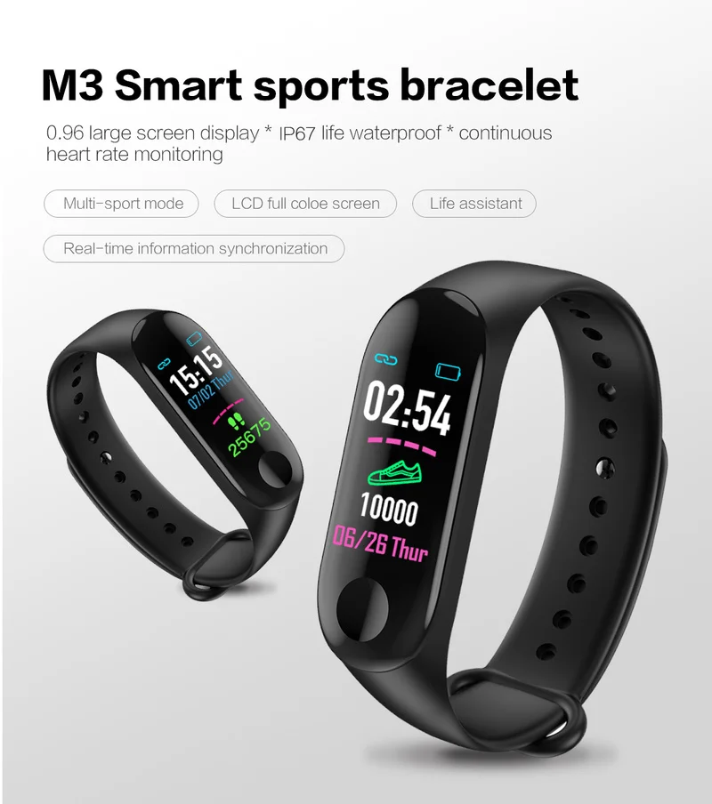 bracelet M3 Plus Bluetooth Fitness Pedometer Sports Bracelet Heart Rate Blood Pressure Monitor Running Step Tracker Watc | Спорт и