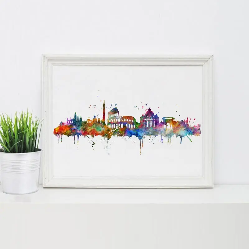 Римский город Skyline строительный акварельный плакат Италия силуэт живопись