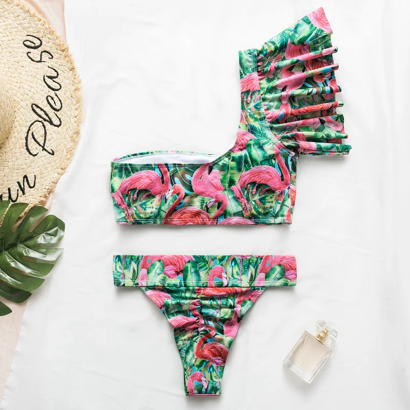 Simplee Купальник Бикини с рюшами 2 на одно плечо женский цветочным принтом комплект