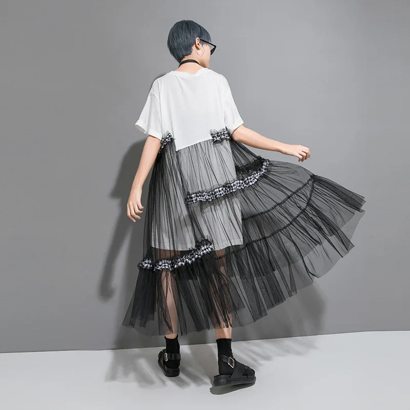 CHICEVER летнее повседневное лоскутное Сетчатое женское платье с круглым вырезом и